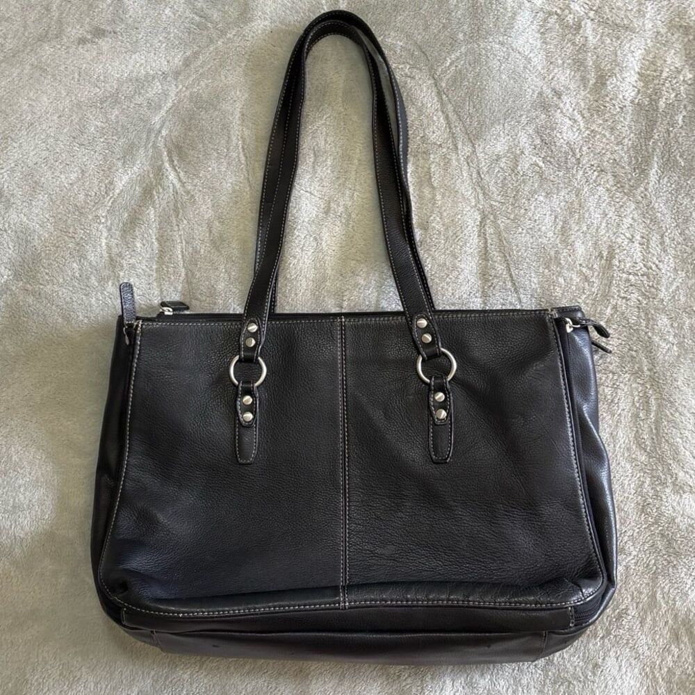 Buxton black leather tote bag shoulder work business tote pockets laptop case